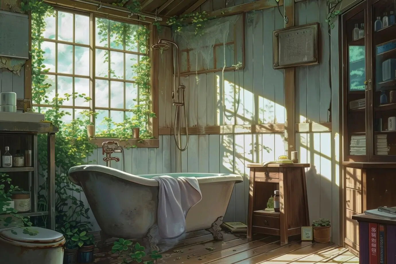 Gemütlicher Innenraum eines Hauses im Anime-Stil mit Einrichtung.